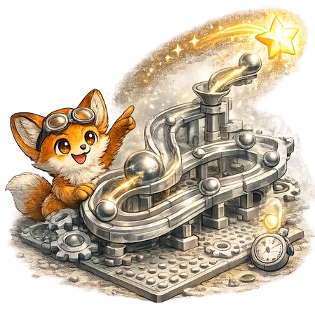 Eine fantasievolle Kugelbahn mit unserem Aktionen-Fuchs, der Ideen-Sterne sprüht. Zu unseren Angeboten!