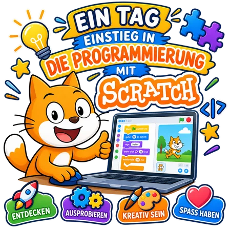Einstieg in die Programmierung - Scratch-Symbole und Zugang zum Schnupperangebot.